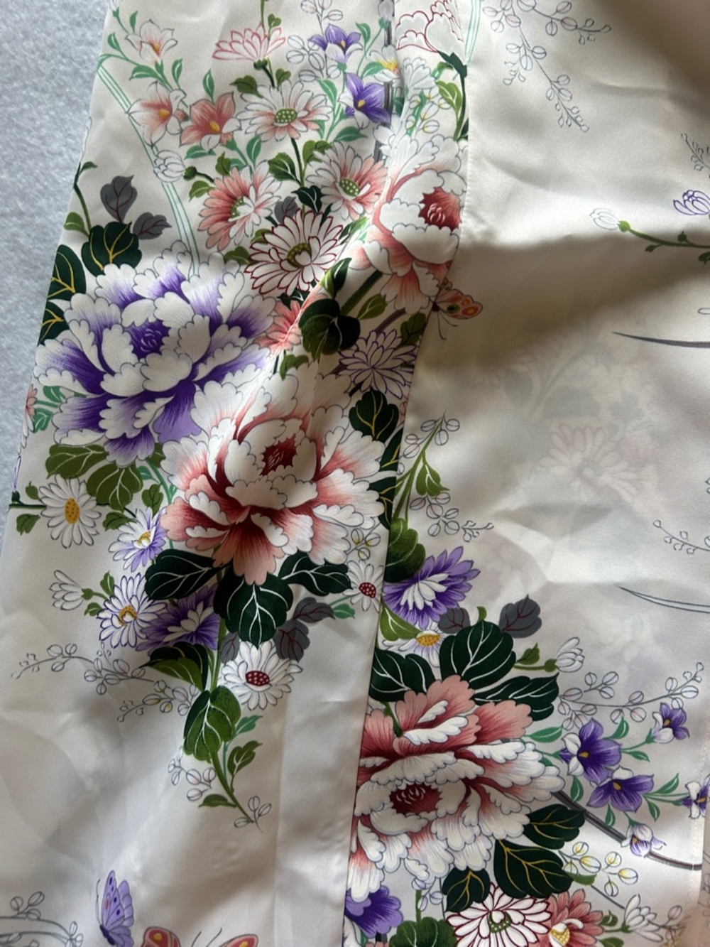 Floral Satin Robe in Ivory with Pink & Purple Blooms - Picture 6 of 8